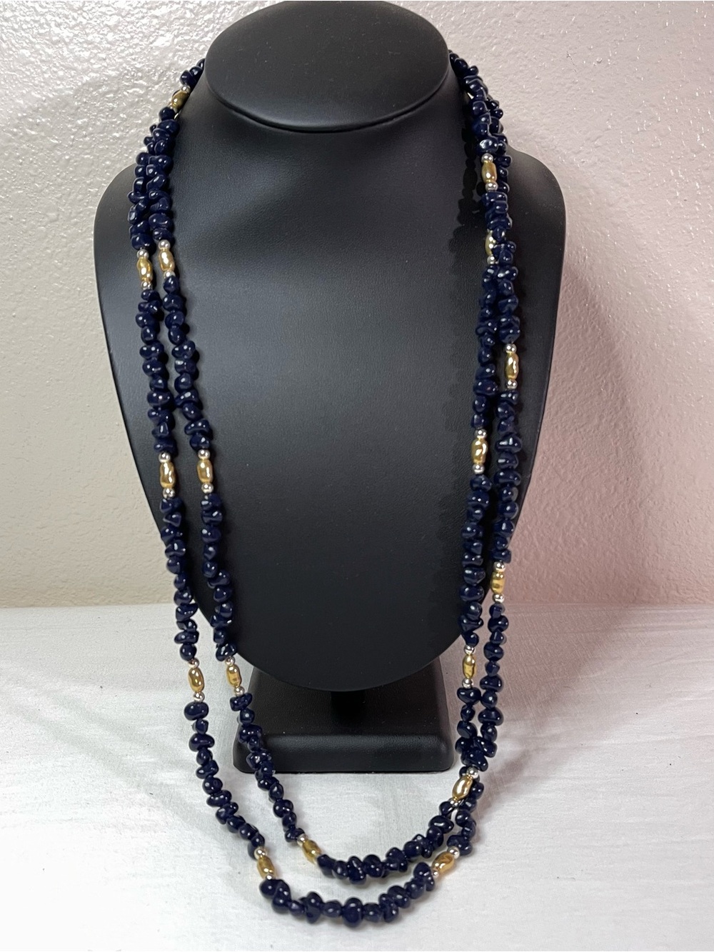 Classic Navy Bead and Gold Accent Long Necklace